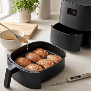 Marinerede kyllingestykker lægges i ét lag i min airfryer