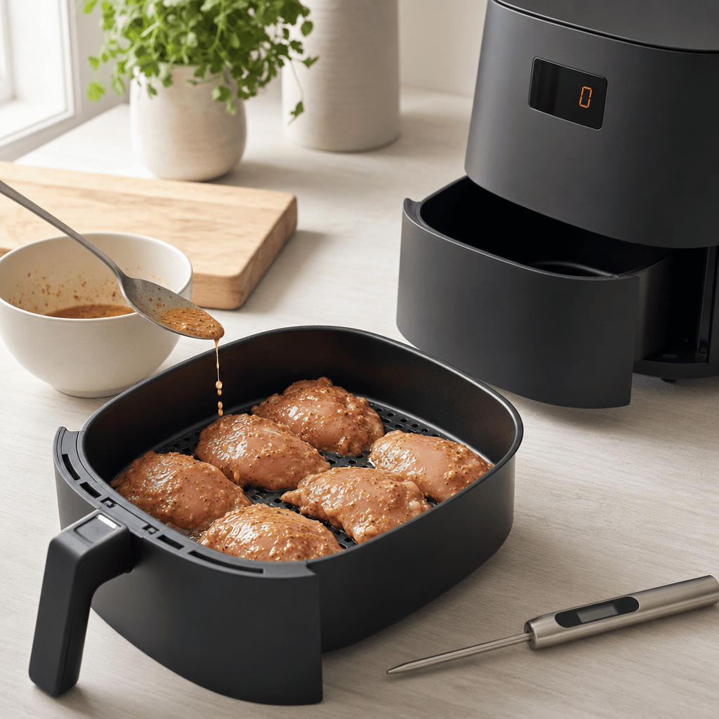 Marinerede kyllingestykker lægges i ét lag i min airfryer