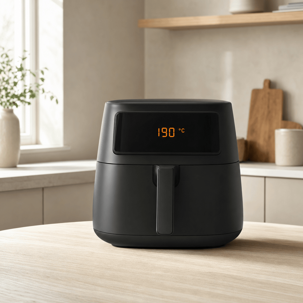 En airfryer forvarmes til 190 grader i mit airfryer-køkken