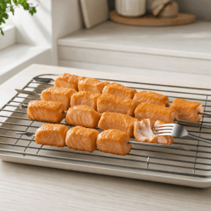 Gyldne laksespydd hviler efter tilberedning i mit airfryer-køkken