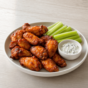 Buffalo wings serveres med blaskimmelost-dip og friske bladselleri-staenger
