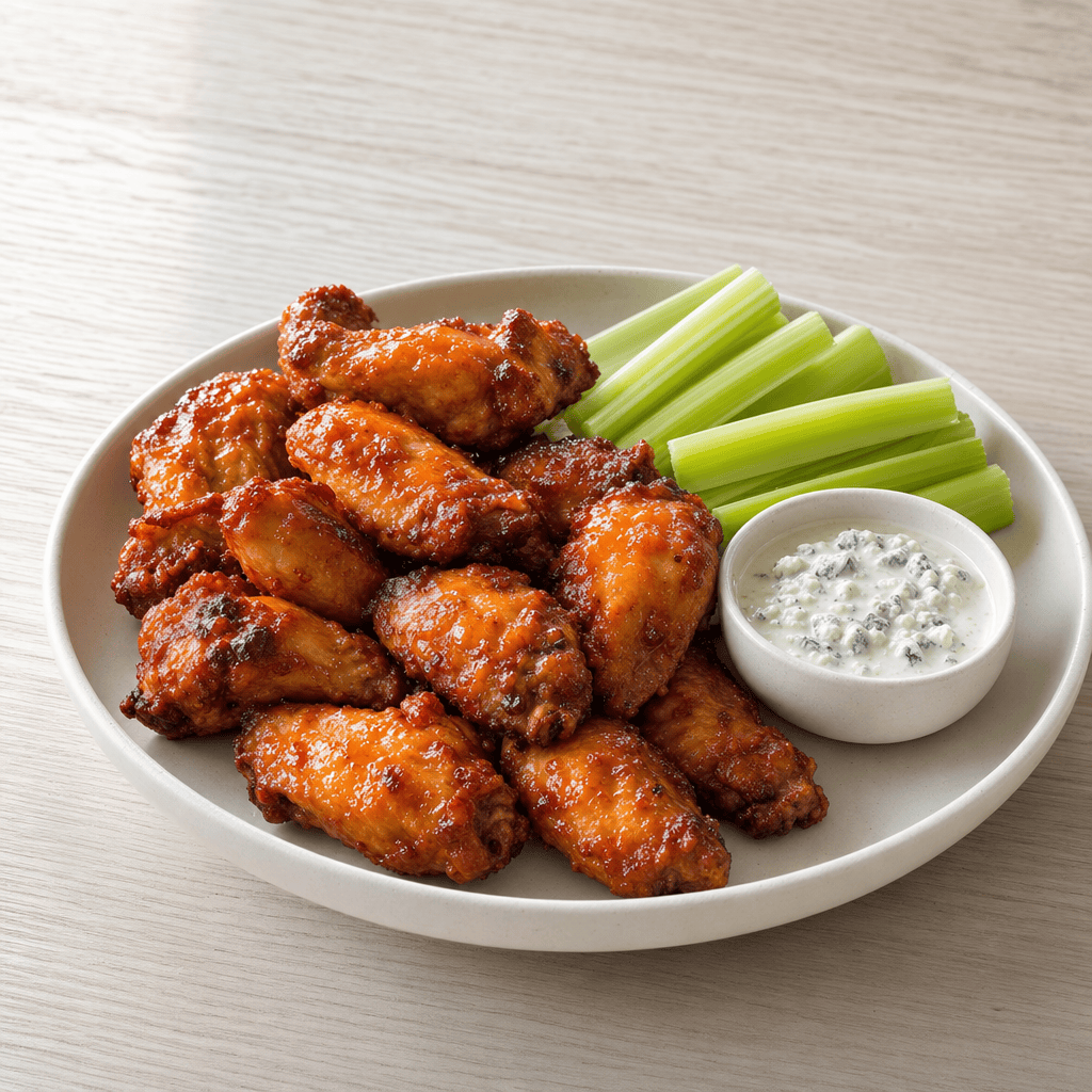 Buffalo wings serveres med blaskimmelost-dip og friske bladselleri-staenger