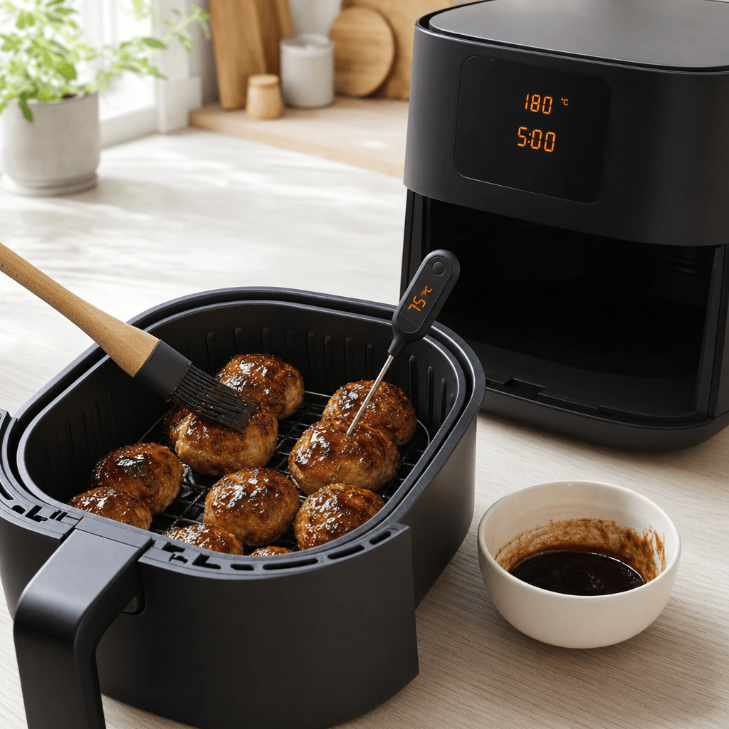 Frikadellerne pensles med glasur i min airfryer