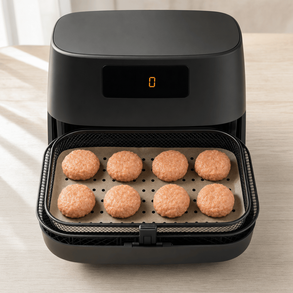 Rå laksefrikadeller placeres på perforeret bagepapir i min airfryer