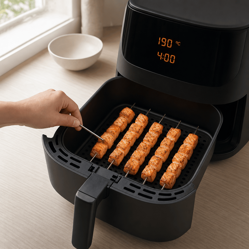 Laksespyddene tilberedes i ét lag i airfryerkurven i mit airfryer-køkken