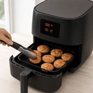 Laksefrikadeller vendes halvvejs under tilberedning i min airfryer