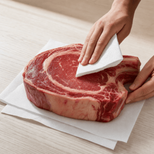 Cote de boeuf tempereres og duppes tør på køkkenrulle