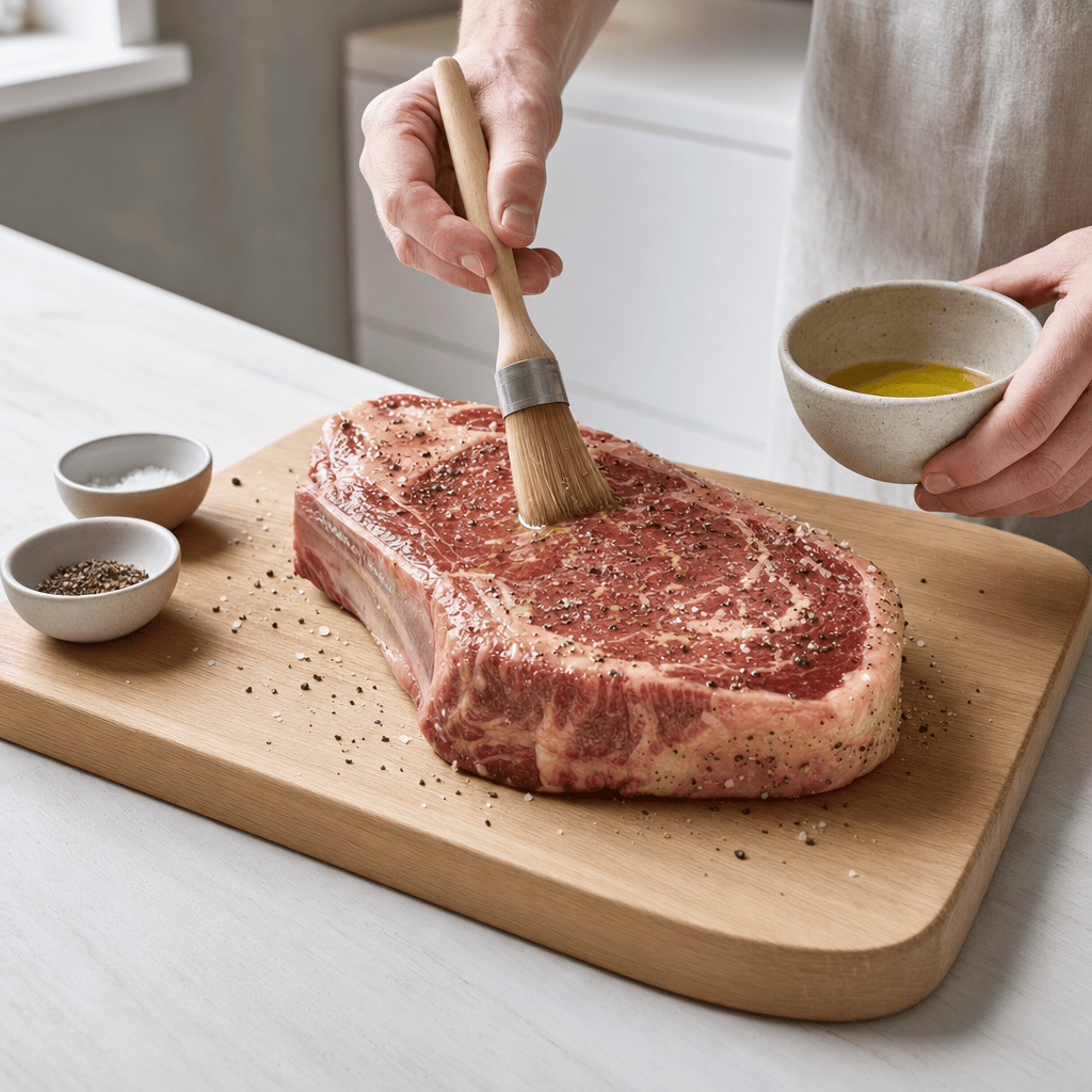 Cote de boeuf pensles med olie og krydres på skærebræt