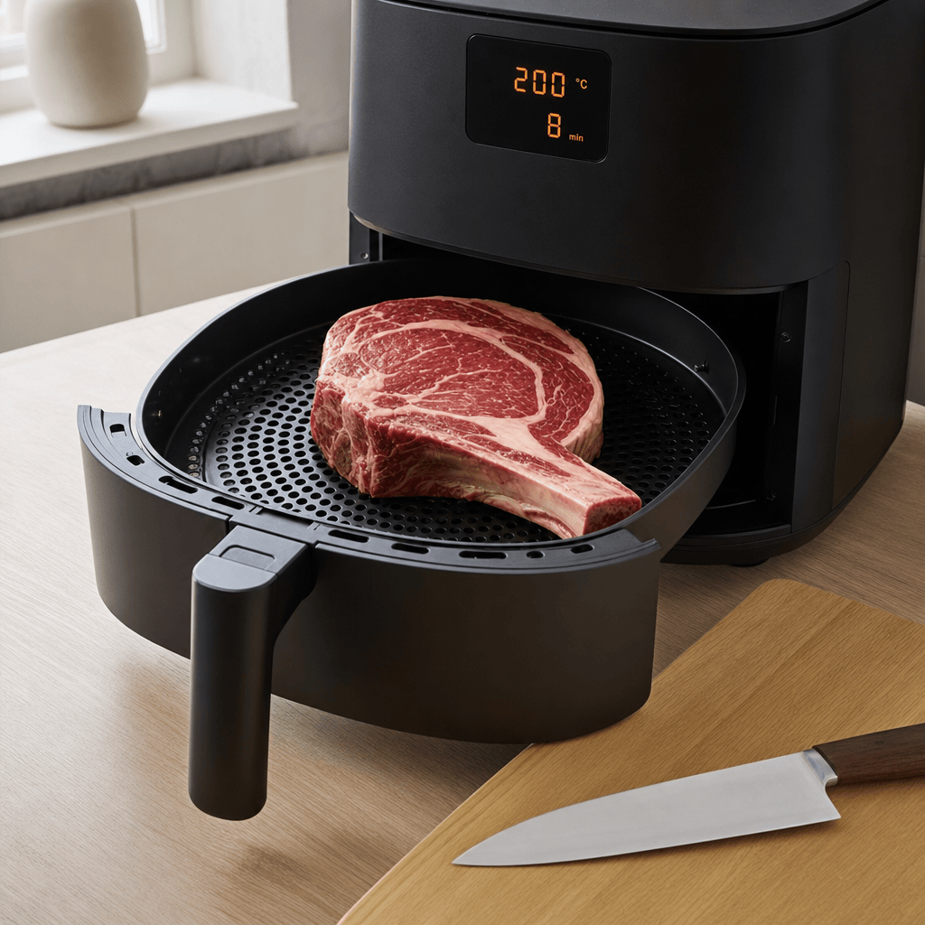 Cote de boeuf lægges i airfryeren med benet mod yderkanten