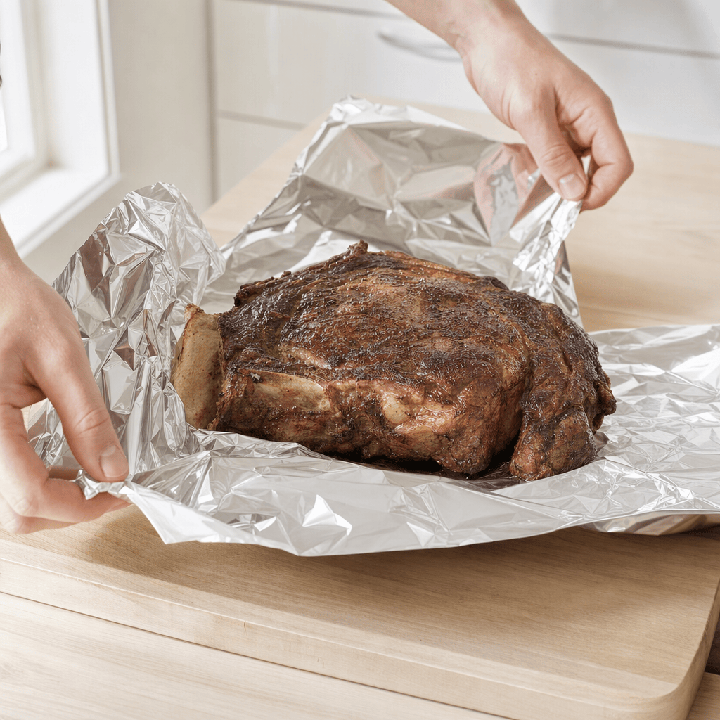 Cote de boeuf pakkes løst i alufolie og hviler