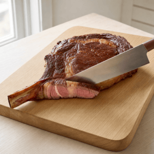Cote de boeuf skæres langs benet og i tykke skiver mod fibrene