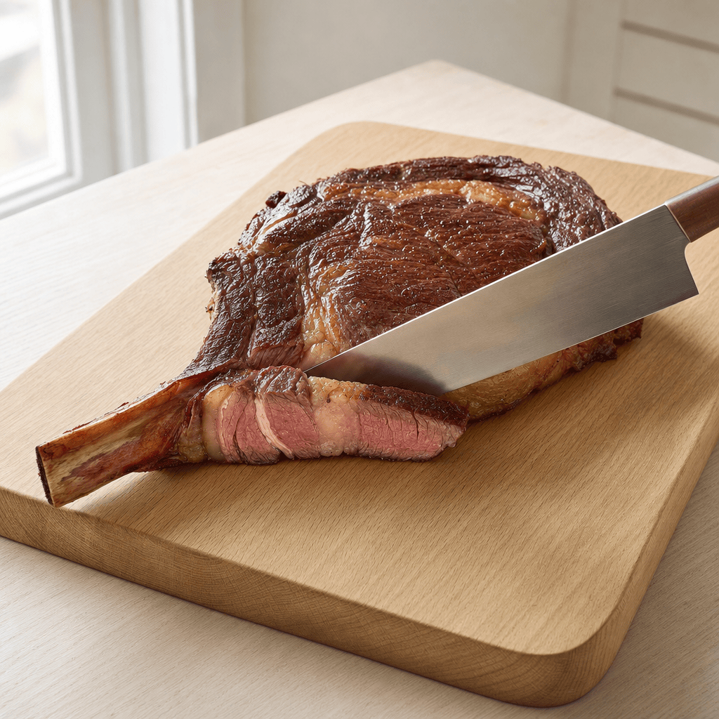 Cote de boeuf skæres langs benet og i tykke skiver mod fibrene