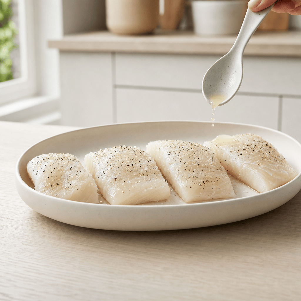 Torsk krydres med salt peber og citronsaft i mit airfryer-køkken