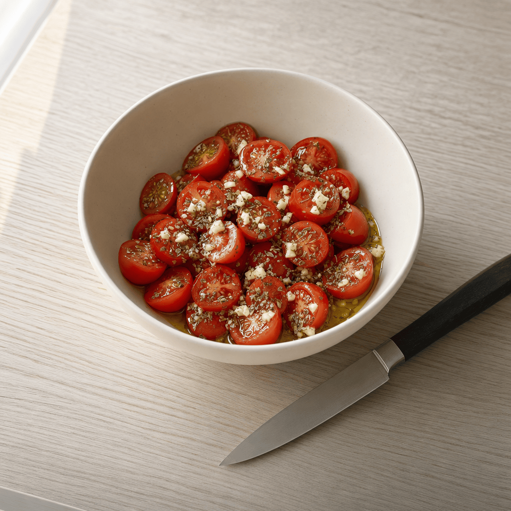 Cherrytomater blandes med hvidløg olie og oregano i mit airfryer-køkken