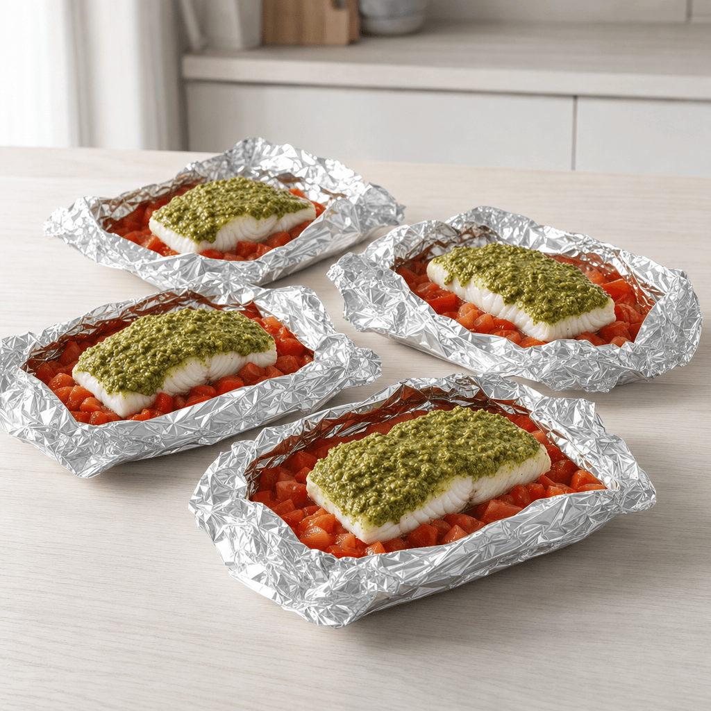 Fiskestykker toppes med grøn pesto i foliepakker i mit airfryer-køkken