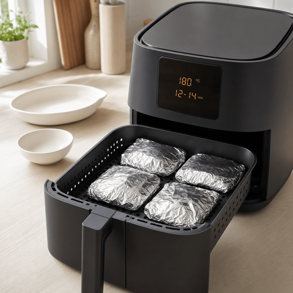 Foliepakkerne tilberedes i ét lag i min airfryer i 12 til 14 minutter