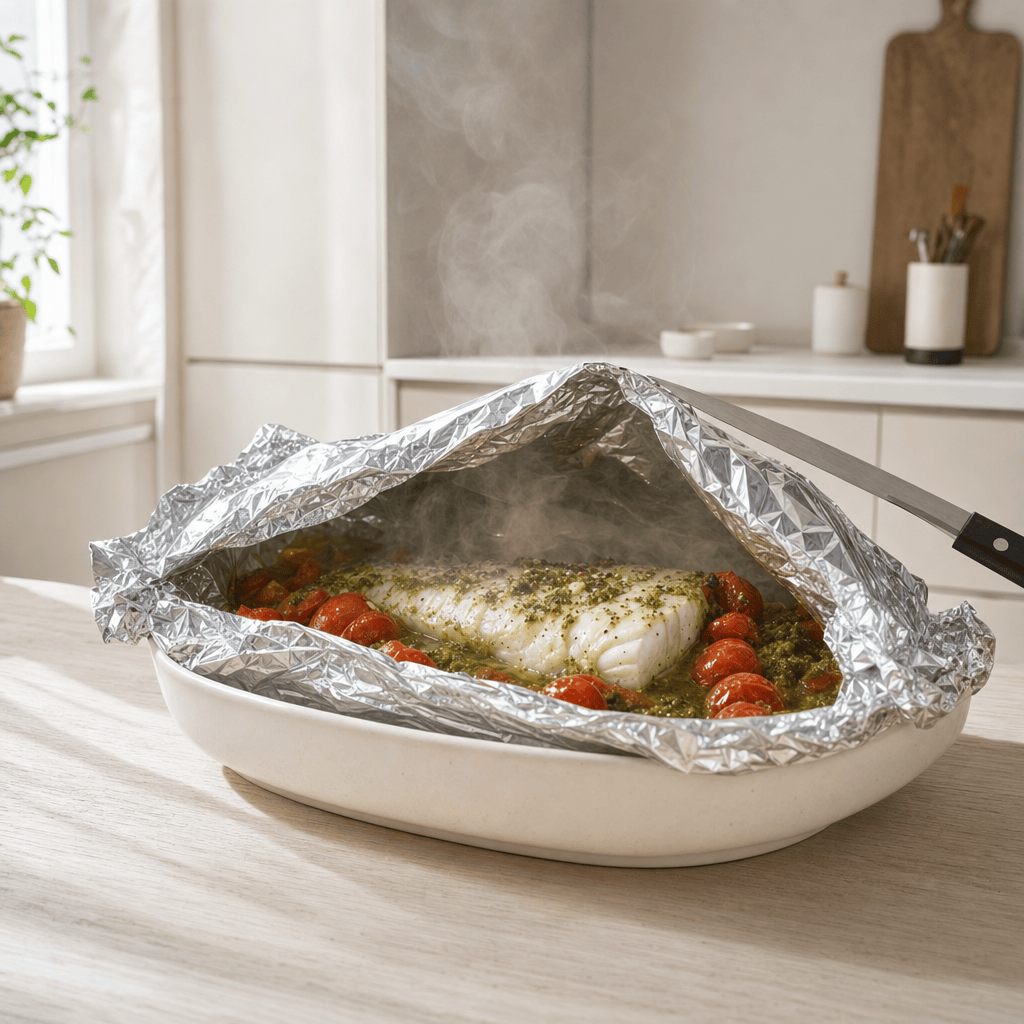 En varm fiskepakke åbnes forsigtigt med damp i mit airfryer-køkken