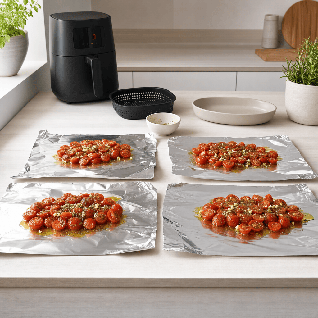 Tomatblandingen fordeles i fire foliepakker i mit airfryer-køkken