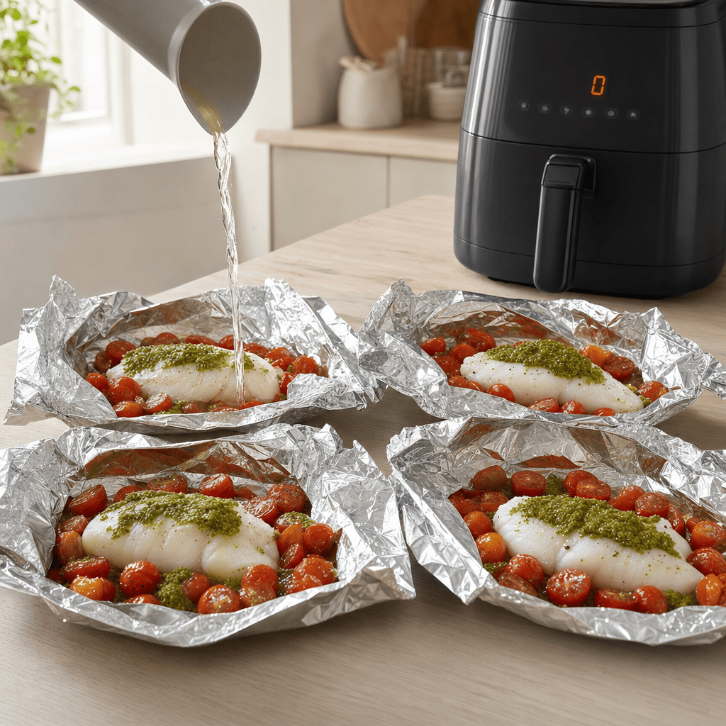 Hvidvin hældes over de åbne fiskepakker i mit airfryer-køkken