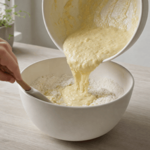 Den vaade blanding roeres forsigtigt i de torre ingredienser