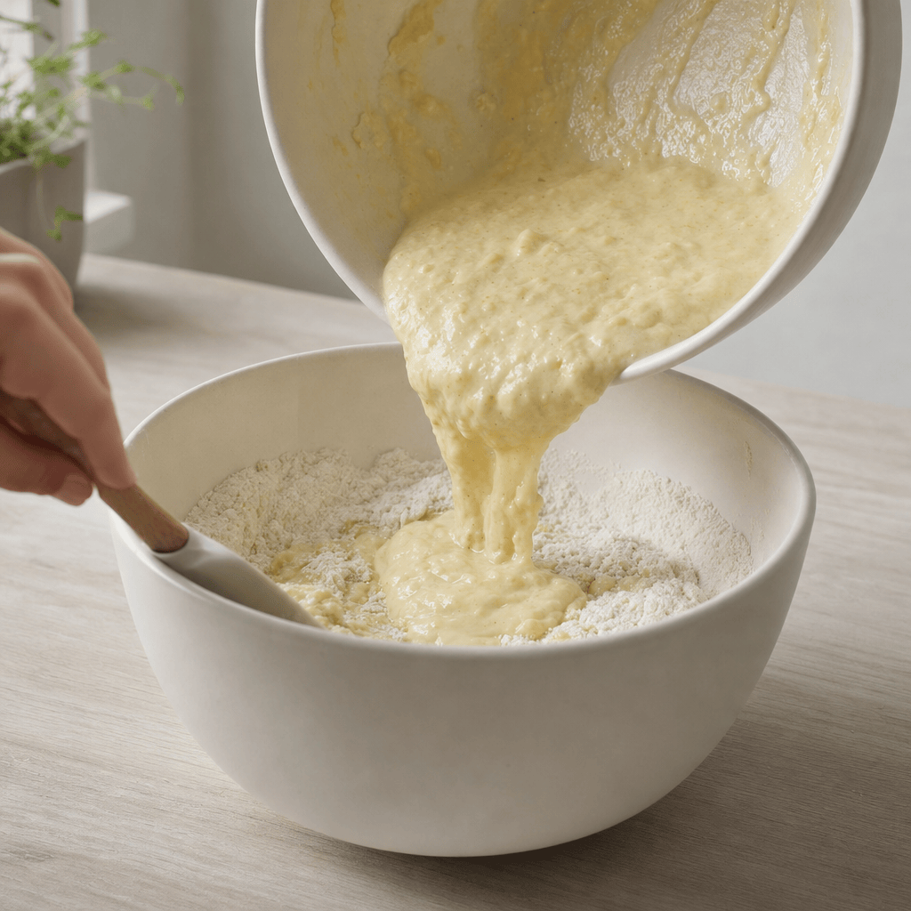 Den vaade blanding roeres forsigtigt i de torre ingredienser