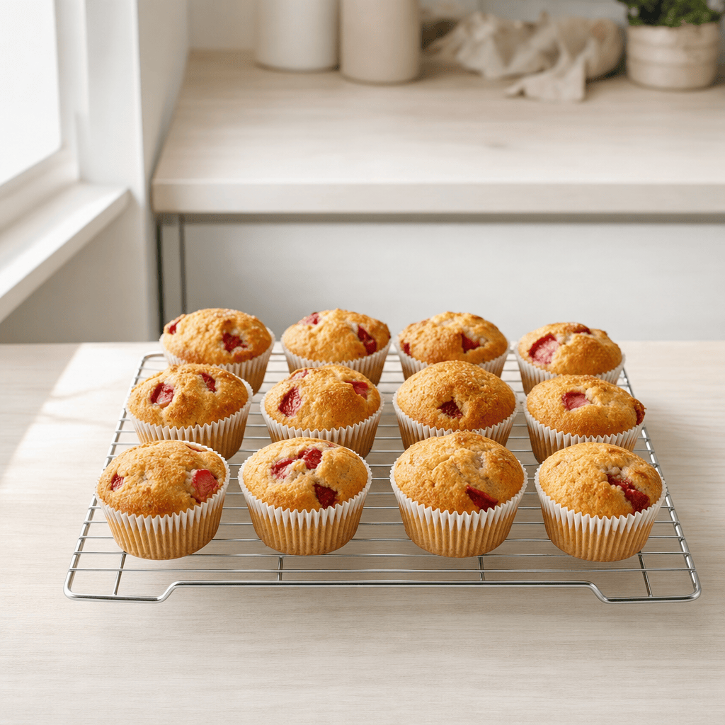 Jordbaermuffins koelner af paa en bagerist