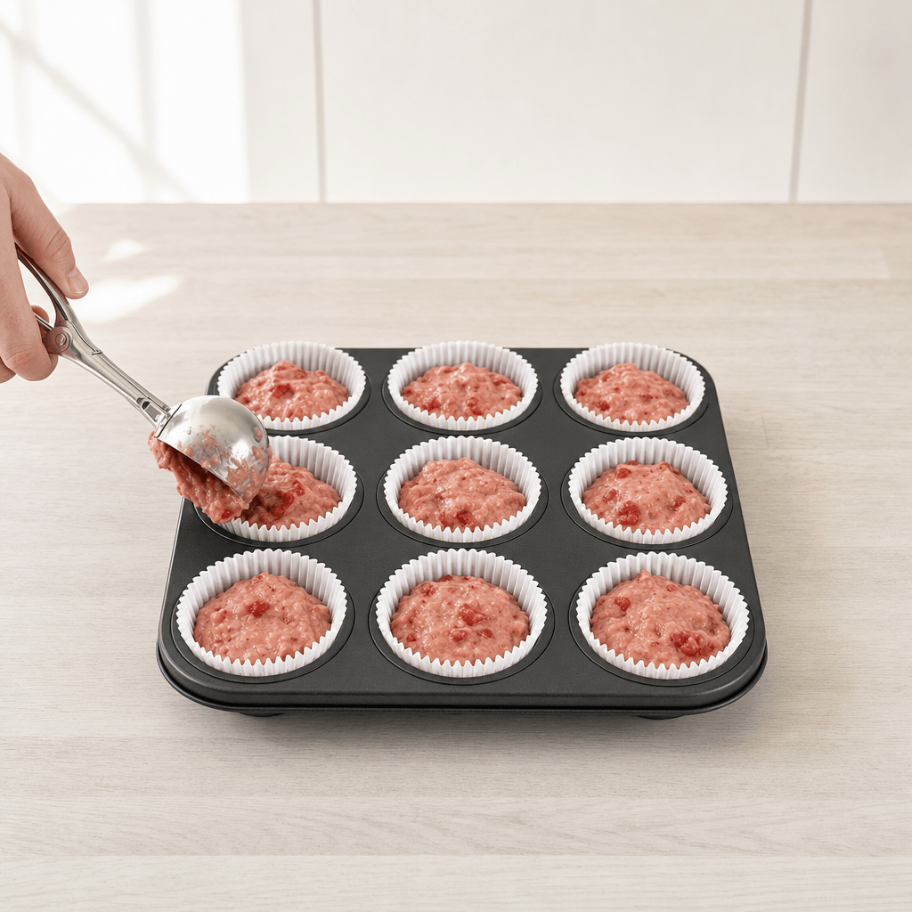 Ni muffinforme fyldt tre fjerdedele med jordbærdej til bagning i min airfryer