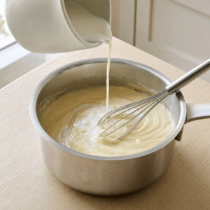 Maelken piskes i rouxen til en glat bechamelsauce