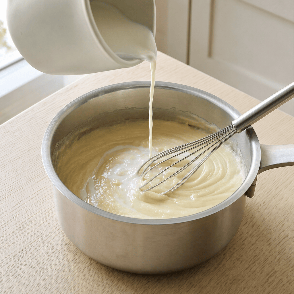 Maelken piskes i rouxen til en glat bechamelsauce