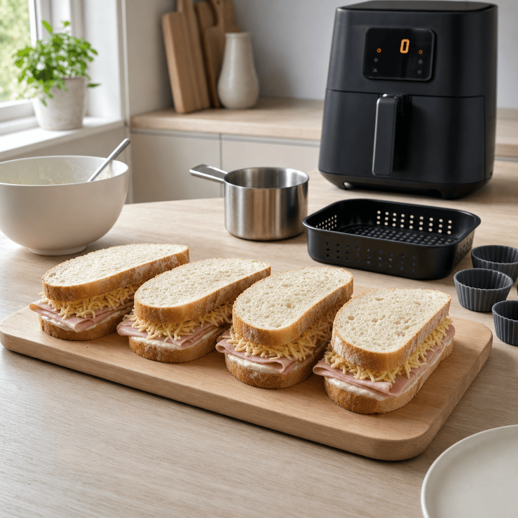 Sandwichene bygges med bechamel skinke og gruyere