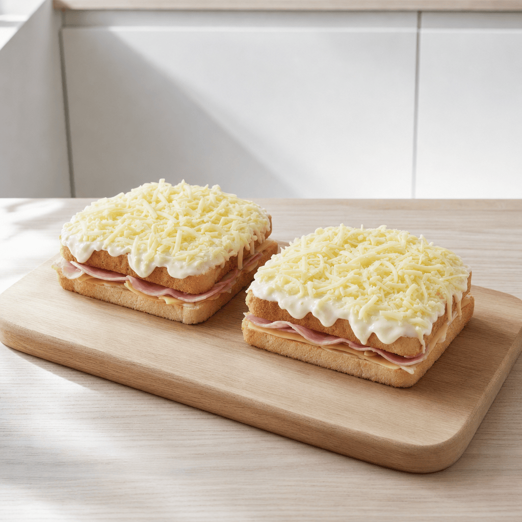 Bechamel og revet gruyere fordeles oven pa sandwichene