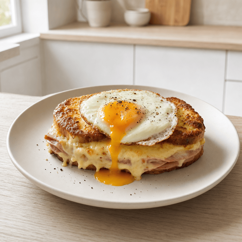 Croque madame anrettes med spejlag og friskkvarket peber