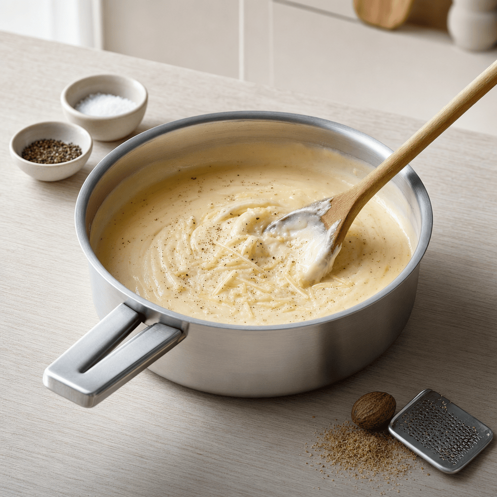 Gruyere og muskat rores i bechamelsaucen