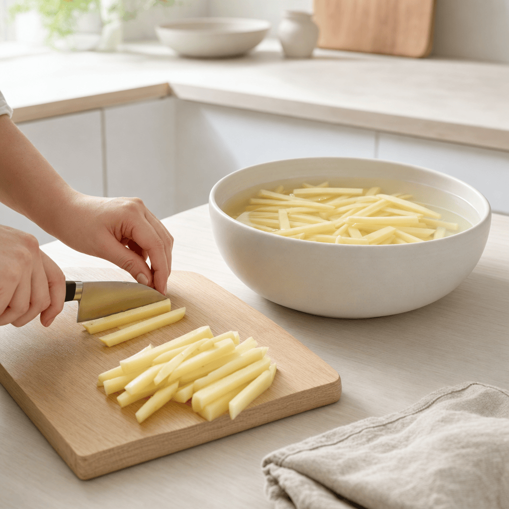 Kartoffelstave lægges i koldt vand i en skål i min airfryer-forberedelse