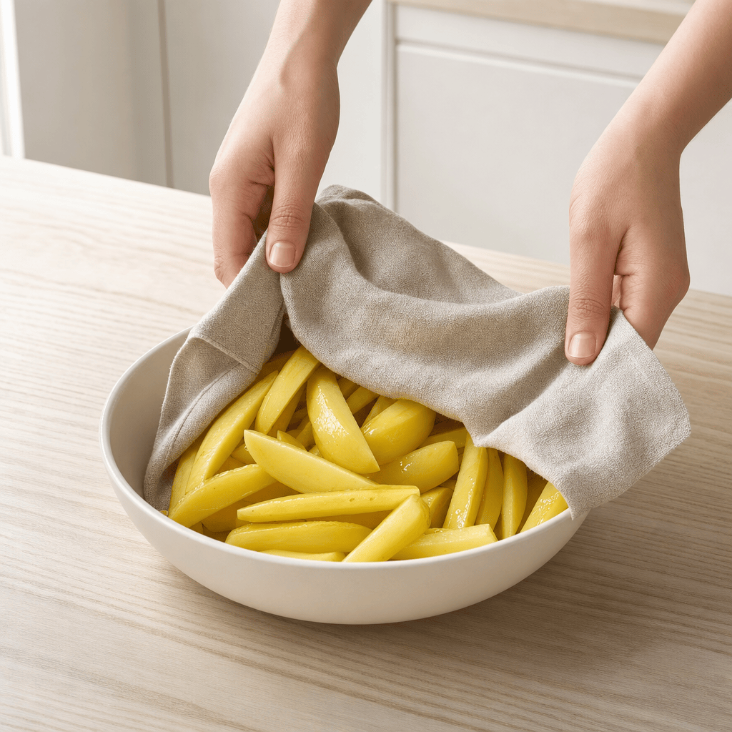 Kartoffelstave tørres og vendes med olivenolie i en skål til min airfryer