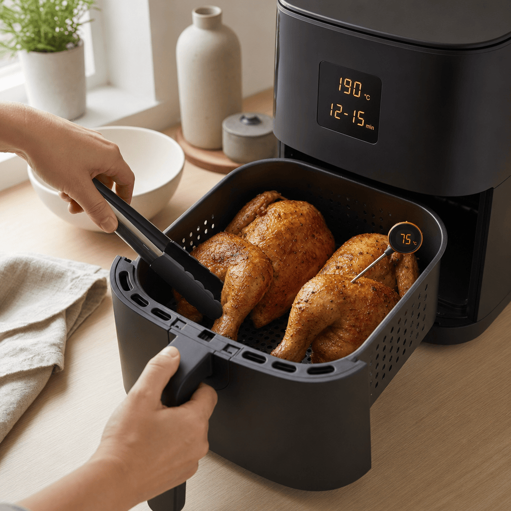 Kyllingen vendes med skindsiden opad og tilberedes i min airfryer