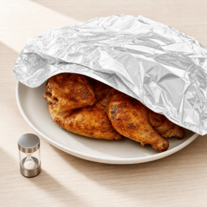 Den tilberedte halve grillkylling hviler under aluminiumsfolie