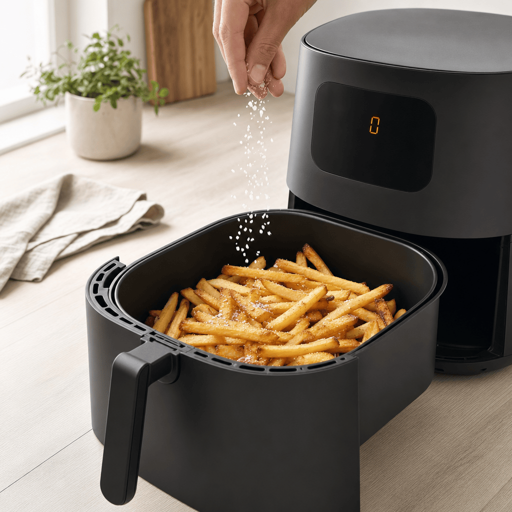Havsalt drysses over varme pommes frites i min airfryer