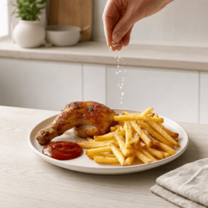 En halv grillkylling anrettes med pommes frites og ketchup