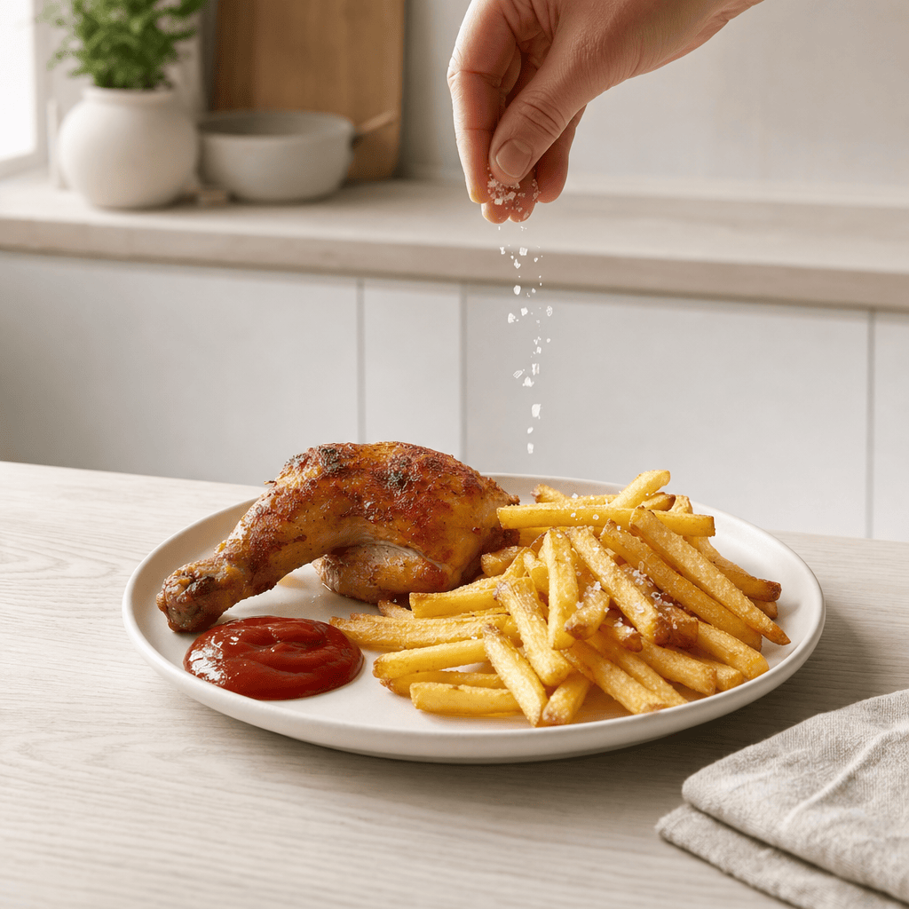 En halv grillkylling anrettes med pommes frites og ketchup