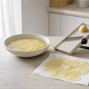 Tynde kartoffelskiver laegges i koldt vand og duppes torre i min airfryer-opskrift
