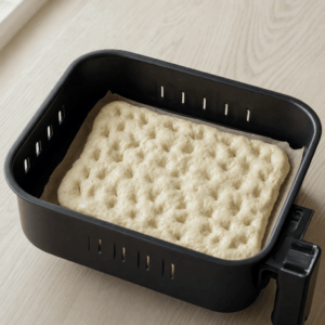 Dej formes og trykkes med fingerspidser paa bagepapir i min airfryer-opskrift
