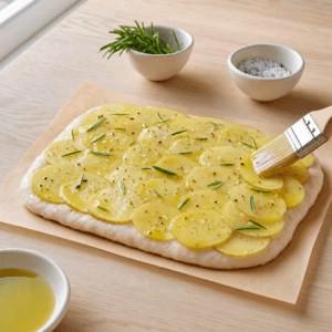 Kartoffelskiver laegges paa focacciadejen med rosmarin i min airfryer-opskrift