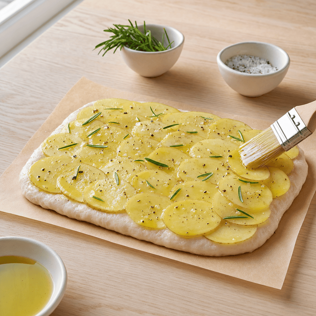Kartoffelskiver laegges paa focacciadejen med rosmarin i min airfryer-opskrift
