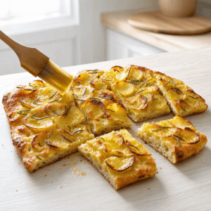 Faerdig kartoffelfocaccia skaeres i firkanter og serveres i min airfryer-opskrift