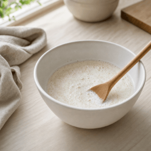 Gær røres ud i lun mælk i en skål i mit airfryer-køkken