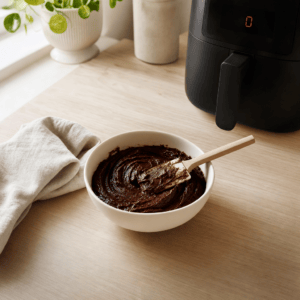 Blankt chokoladefyld røres sammen i en skål i mit airfryer-køkken