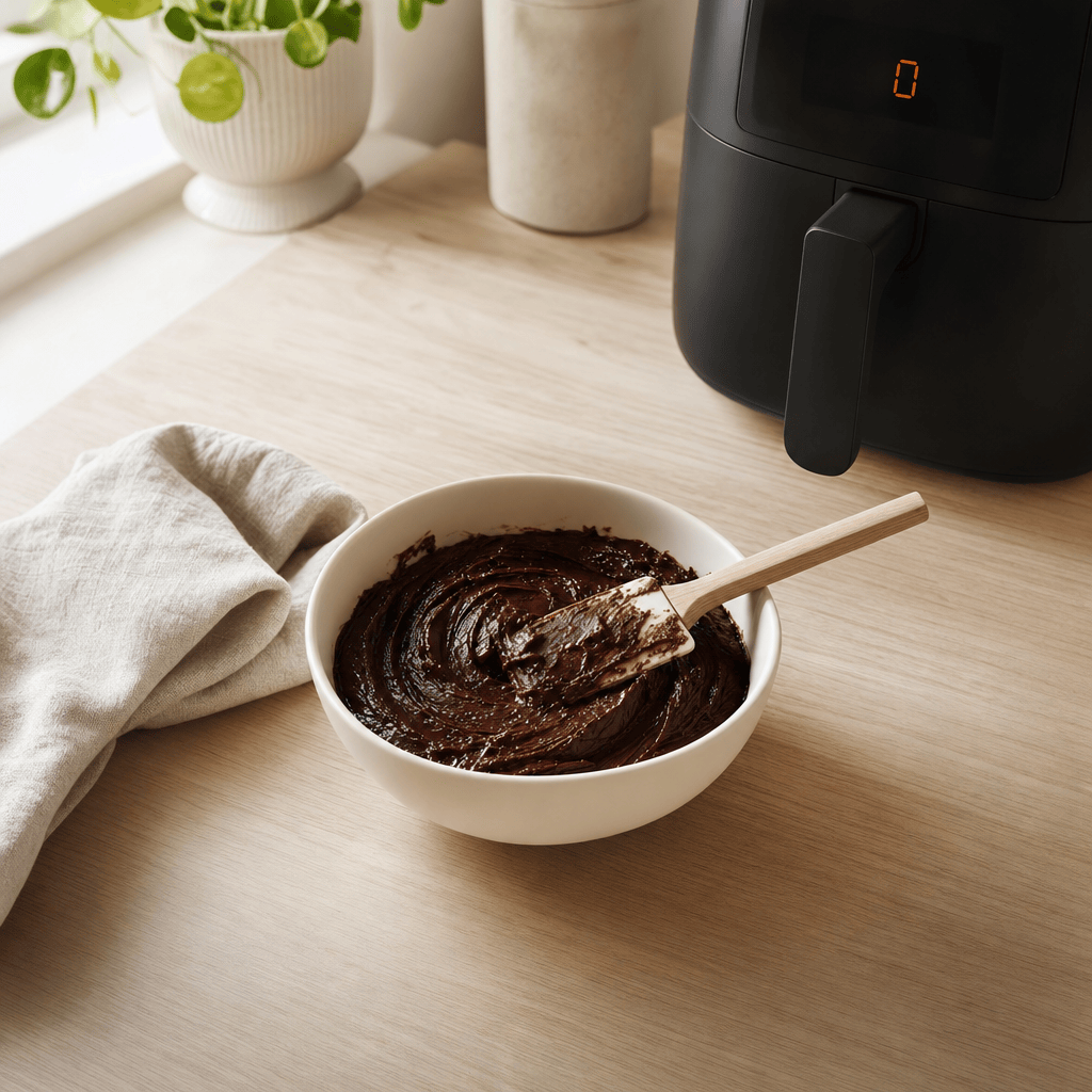 Blankt chokoladefyld røres sammen i en skål i mit airfryer-køkken
