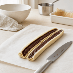 Dejrullen skæres på langs, så chokoladefyldet blottes, i mit airfryer-køkken