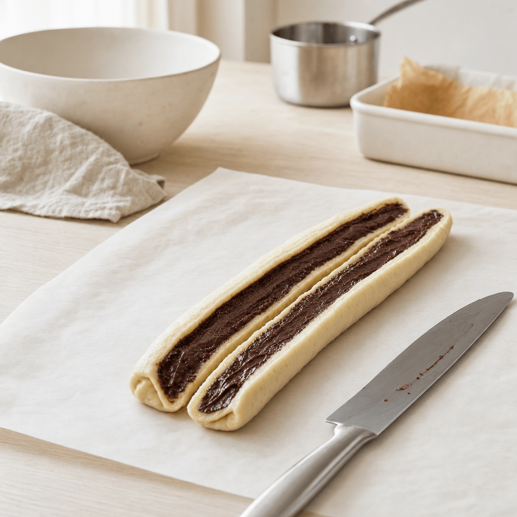 Dejrullen skæres på langs, så chokoladefyldet blottes, i mit airfryer-køkken